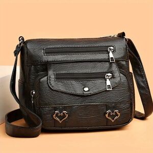 Heart Decor Crossbody Bag, Vintage Multi Pockets Shoulder Bag, Faux Leather. NEW